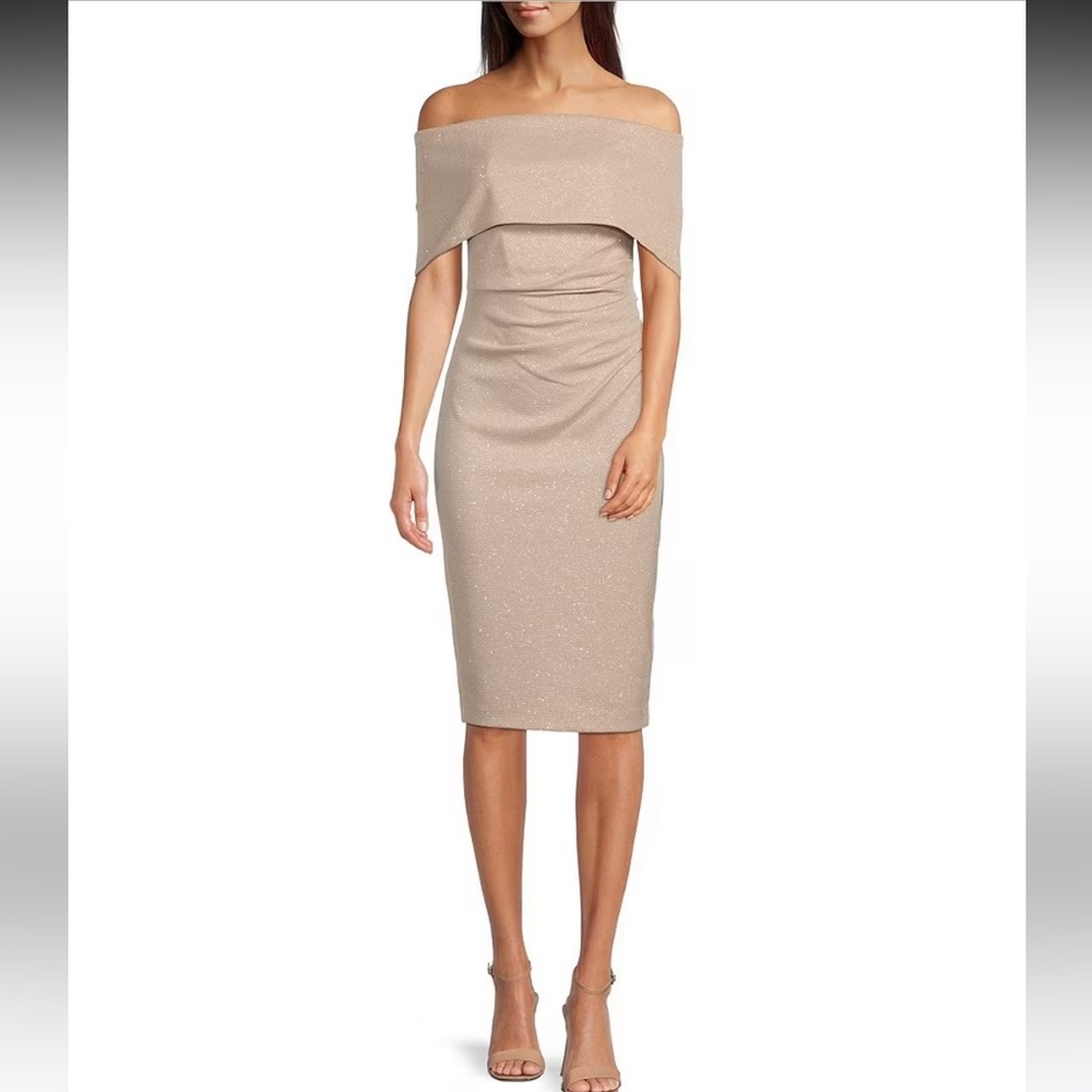 Foldover Off-the-Shoulder Glitter Sheath Cocktail Dress Vince Camuto sz 4-6